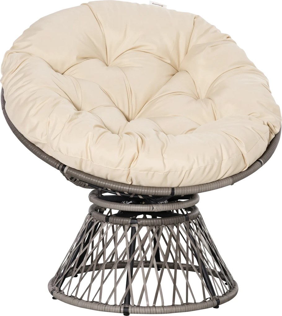 Outsunny Poltrona Papasan Giratória de Vime Sintético com Almofada e Estrutura de Aço para Jardim Pátio 87x97x90 cm Cinza e Creme | Aosom Portugal