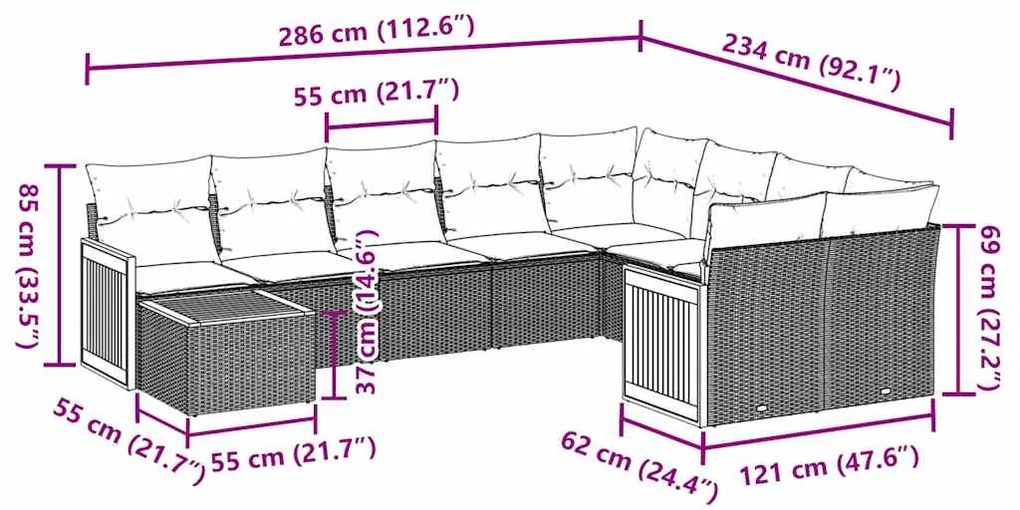 10 pcs conjunto sofás de jardim c/ almofadões vime PE preto