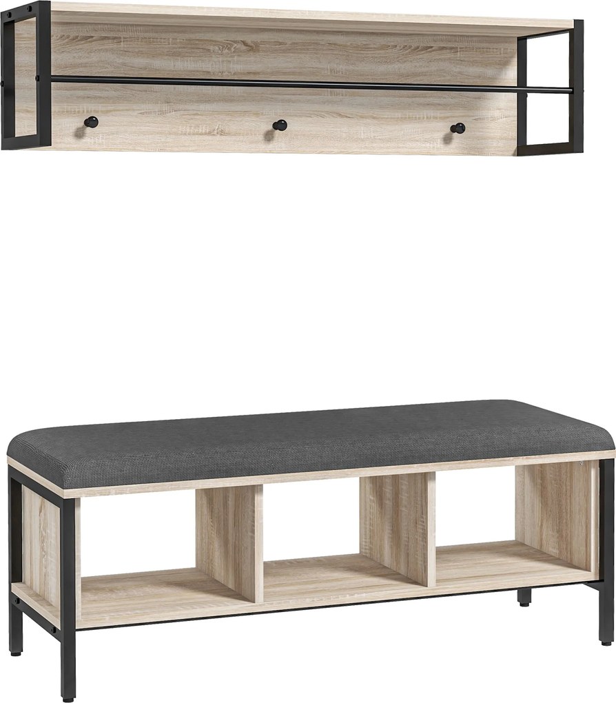 HOMCOM Conjunto Entrada 2 em 1 com Banco Sapateira Cabideiro 3 Ganchos 100x35x45 cm Cor Madeira | Aosom Portugal