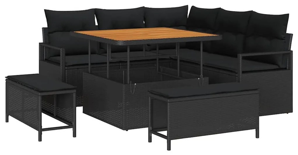 Sofá de Jardim 8 Peças com Almofadas Pretas de Rattan