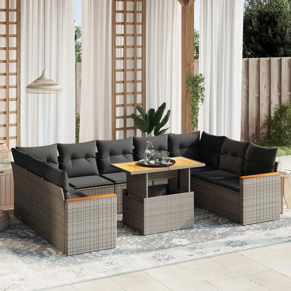 10 pcs conjunto sofás de jardim c/ almofadões vime PE cinzento