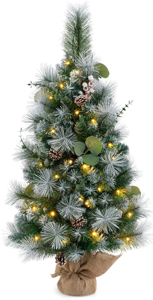 Árvore de Natal artificial pré-iluminada de 90 cm com 98 pontas de PVC com neve e agulhas de pinheiro Bagas 30 luzes LED Verde