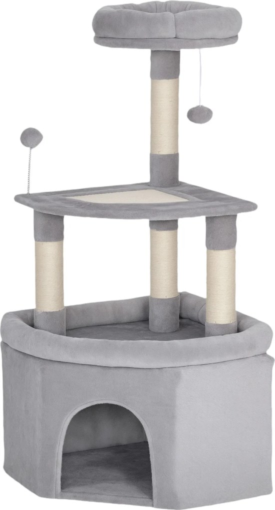 Arranhador para gatos com torre de brincadeiras, arranhadores de sisal, plataforma, compartimentos abertos, tecido felpudo, bolas, 49x49x114 cm, cinze