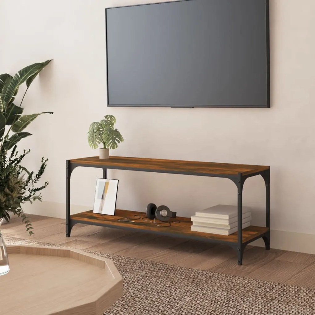 vidaXL Móvel TV 100x33x41 cm derivados madeira/aço cor carvalho fumado