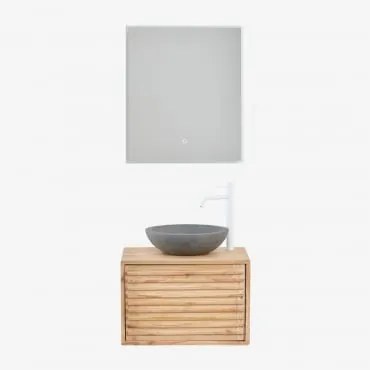 Conjunto De Móveis De Banheiro De Madeira Suspensos Deleyna Madeira Natural & Cimento Cinzento Redondo Ø40 Cm Tarsis & Led - Sklum