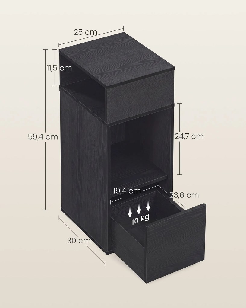 Mesa de cabeçeira com gaveta, 30 x 25 x 59,4 cm, preto