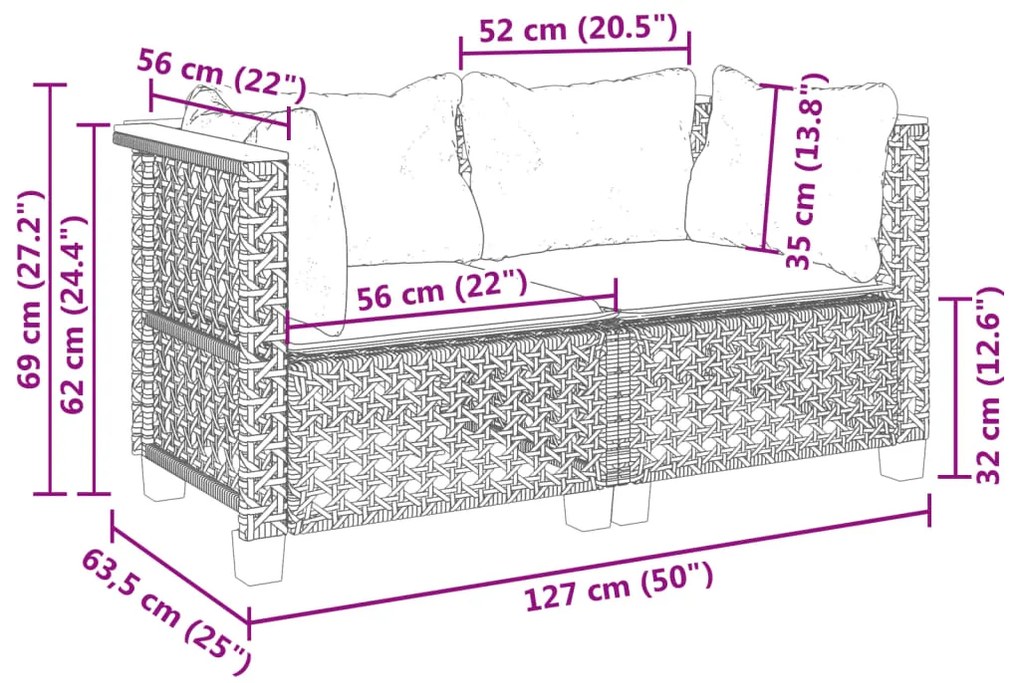 Sofás de canto p/ jardim c/ almofadões 2 pcs vime PE cinzento