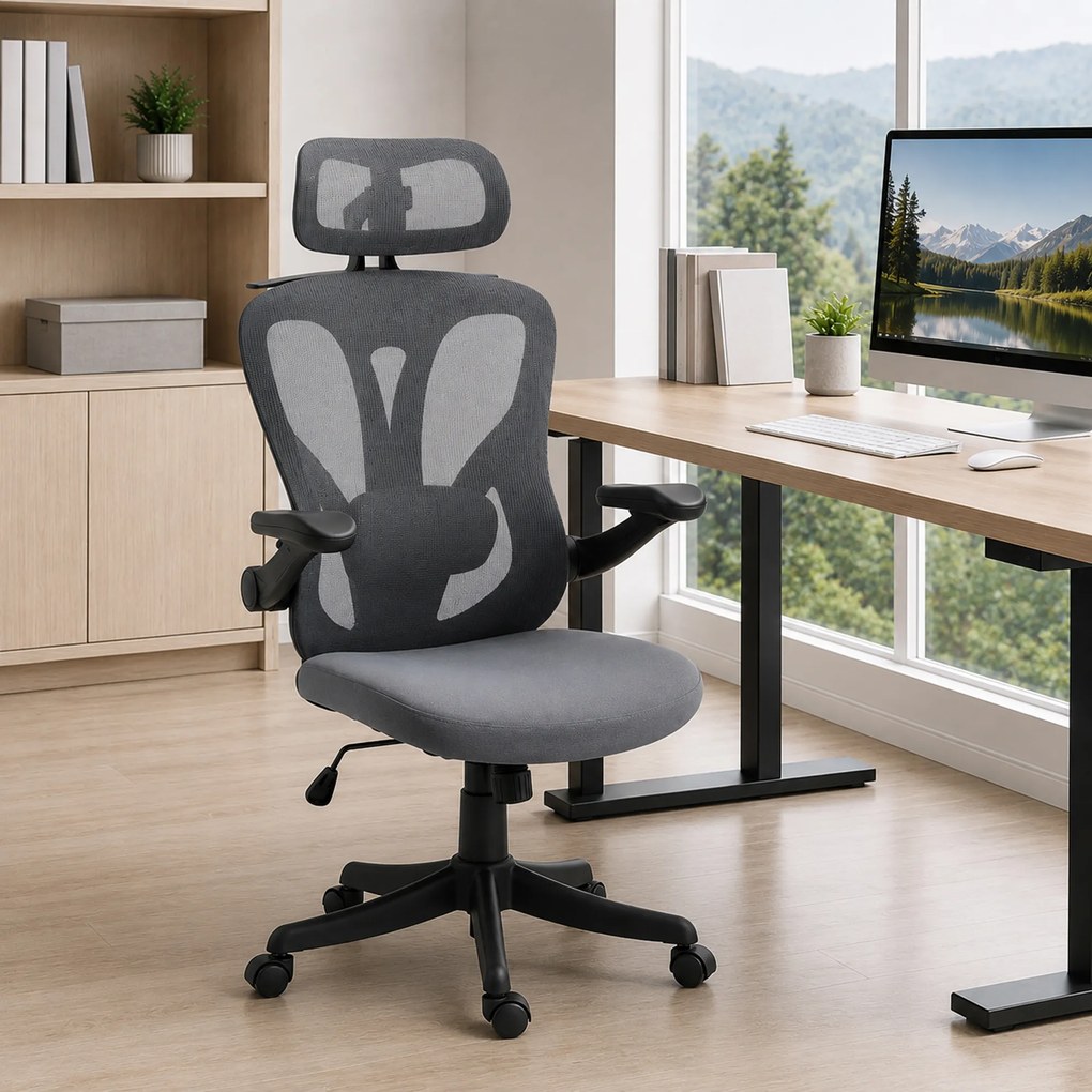 Cadeira de escritório ergonómica com braços 3D e apoio para a cabeça ajustável, cadeira de escritório em malha, cinzenta