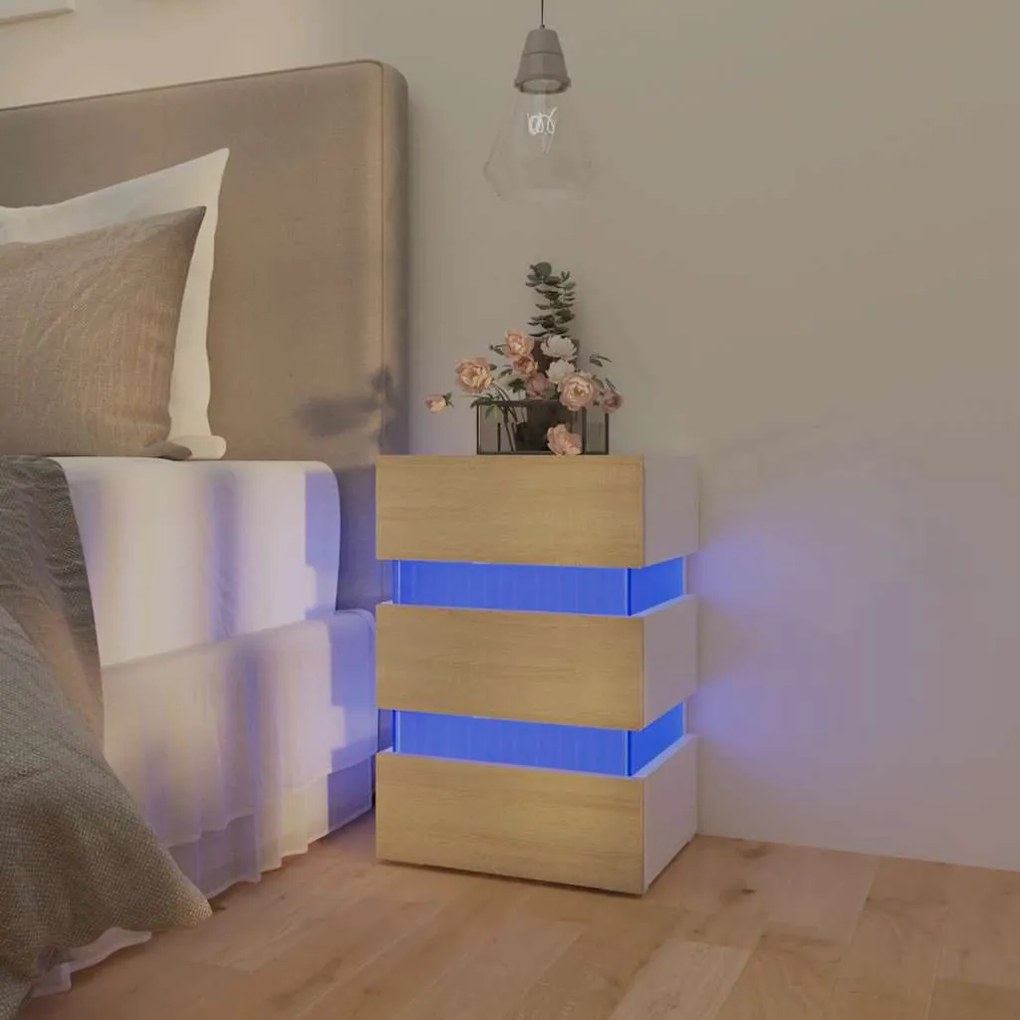 Mesa de cabeceira c/ LEDs derivados de madeira branco/sonoma