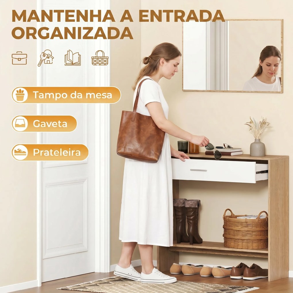 Mesa Consola de Entrada com Espelho, Gaveta e Prateleira para Corredor 91,5x27,9x85,5 cm Carvalho