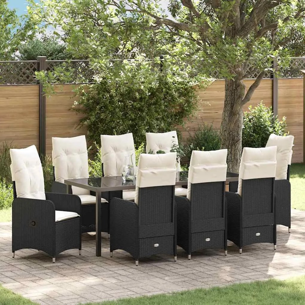 vidaXL Conjunto de Jantar de Jardim com 9 Peças e Almofadas de Rattan Preto