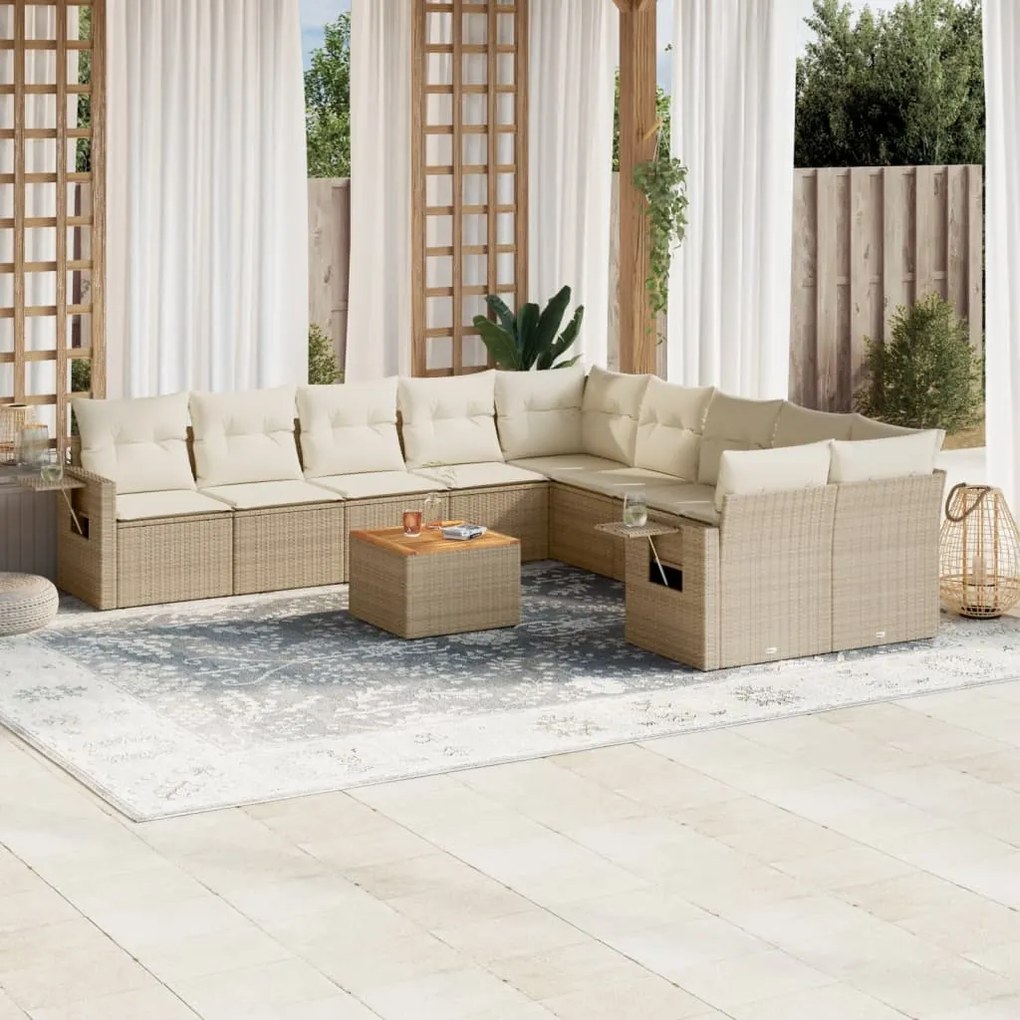 11 pcs conjunto sofás de jardim c/ almofadões vime PE bege