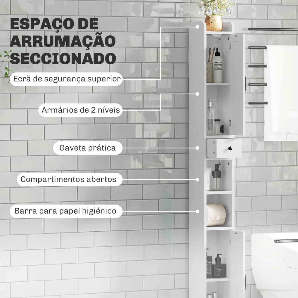 Coluna Casa de Banho com Compartimento Aberto Prateleiras Ajustáveis e Suporte para Papel Higiênico 20x20x185 cm Branco