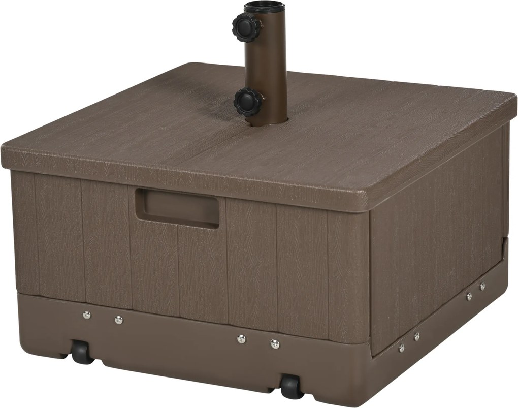 Base de peso para guarda-sol, mesa auxiliar, floreira com drenagem 53 x 53 x 47 cm DESIGN 3 EM 1, rodas, pegas em PE e metal castanho