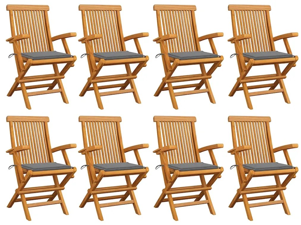 Cadeiras de jardim c/ almofadões cinzentos 8 pcs teca maciça