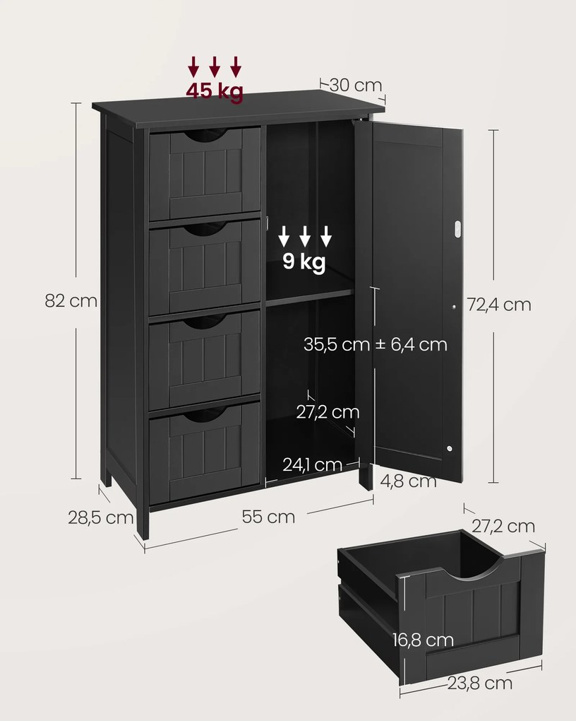 Armário de casa de banho 4 gavetas 30 x 55 x 82 cm Preto