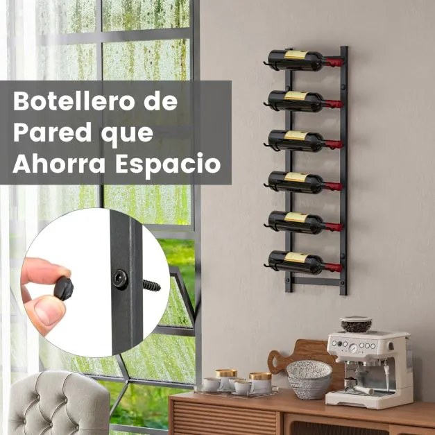 Garrafeira de parede para 6 garrafas Estante suspensa em aço inoxidável para garrafas de vinho Estante vertical para vinhos para cozinha, sala de jant