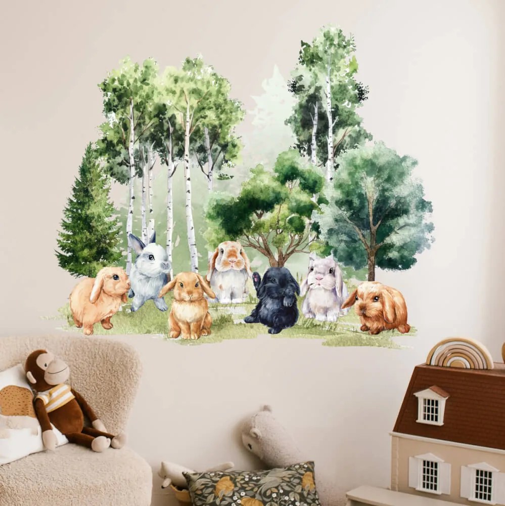 Autocolante de parede para quarto de criança - Coelhinhos no prado verde