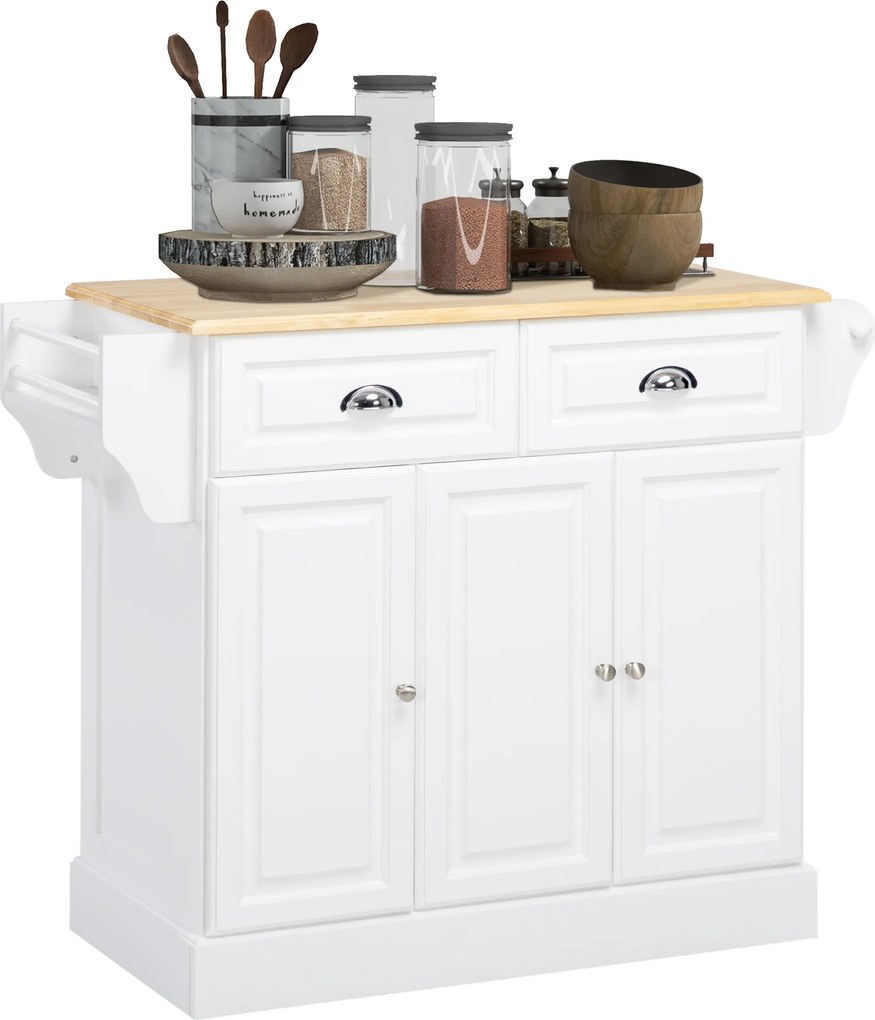 HOMCOM Ilha de Cozinha com Rodas 2 Gavetas 3 Armários Suporte para Panos e para Temperos para Sala de Jantar 110x45x89cm Branco | Aosom Portugal