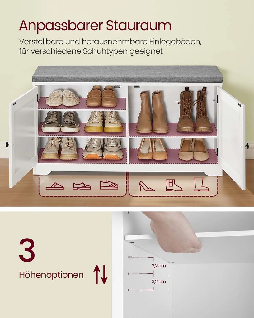 Banco para sapatos com espaço de arrumação 35,5 x 101 x 52,5 cm, portas, almofadas de assento e prateleiras ajustáveis Branco e cinzento