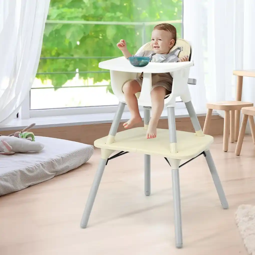 Cadeira Refeição bebés alta conversível 4 em 1 com altura ajustável em 5  posições Bandeja removível e lavável Almofada removível 62 x 72 x 87 cm  Bege