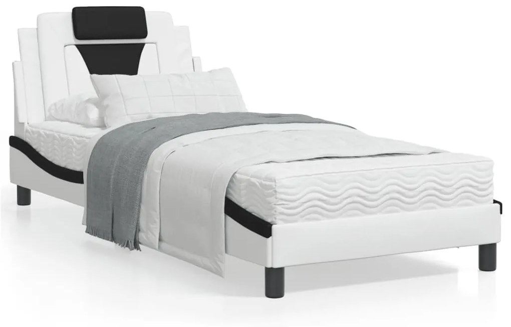 vidaXL Estrutura cama c/ cabeceira couro artificial branco e preto