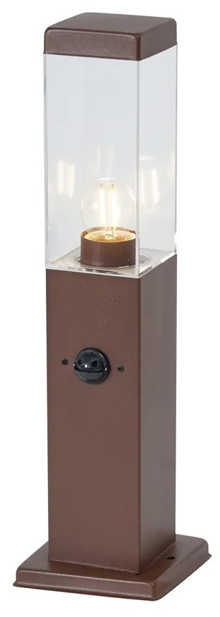 Candeeiro de Exterior Castanho Ferrugem com Vidro Transparente 45cm IP44 com Tomada e Sensor de Movimento - Malios Moderno