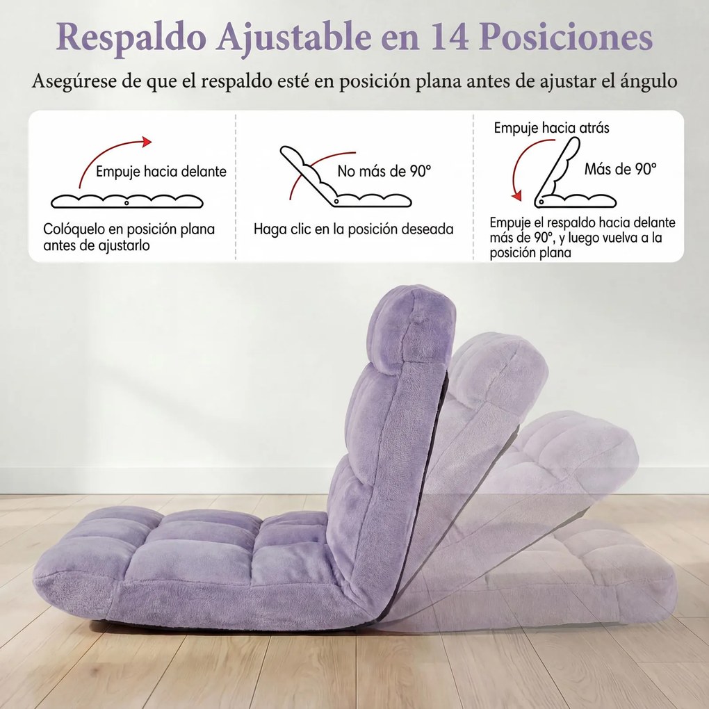 Sofá de chão dobrável 60 x 49,5 x 51 cm com encosto de 14 posições e enchimento de espuma macia para meditação, leitura e yoga Roxo