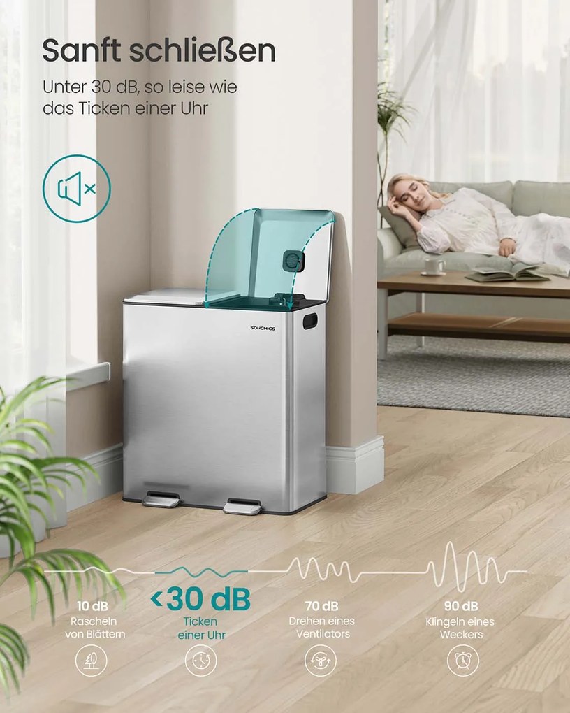 Caixote do lixo 58,5 x 37 x 64 cm com dois compartimentos 30 litros, pedal com fecho suave e baldes interiores prateado metálico