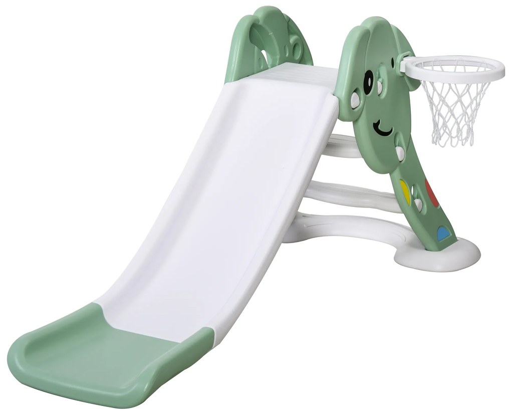 HOMCOM Escorrega infantil para crianças acima de 2 anos com cesta de basquete Interior e exterior carga 25 kg Acessórios incluídos 160x35x68 cm Verde e Branco
