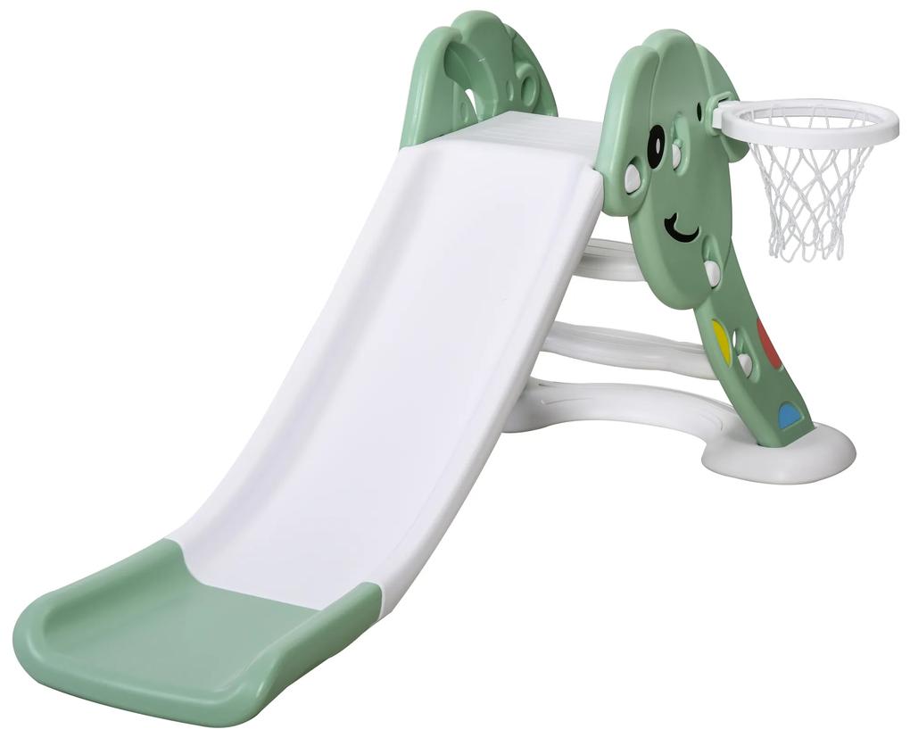 HOMCOM Escorrega infantil para crianças acima de 2 anos com cesta de basquete Interior e exterior carga 25 kg Acessórios incluídos 160x35x68 cm Verde e Branco