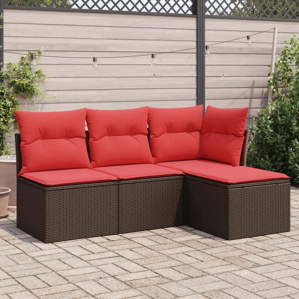 vidaXL 4 pcs conjunto sofás de jardim c/ almofadões vime PE castanho