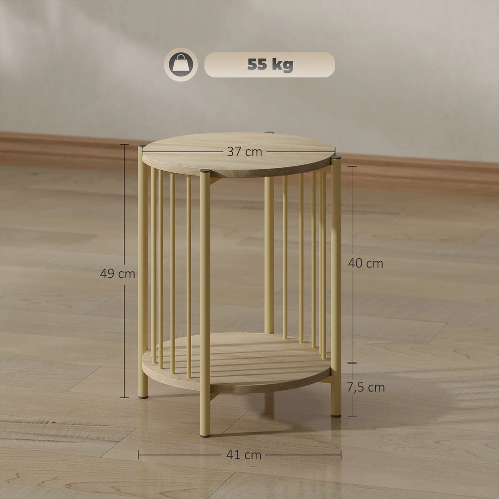 Mesa Lateral Redonda de 2 Níveis com Prateleira de Armazenamento e Estrutura de Aço para Sala e Quarto Ø41x49 cm Madeira