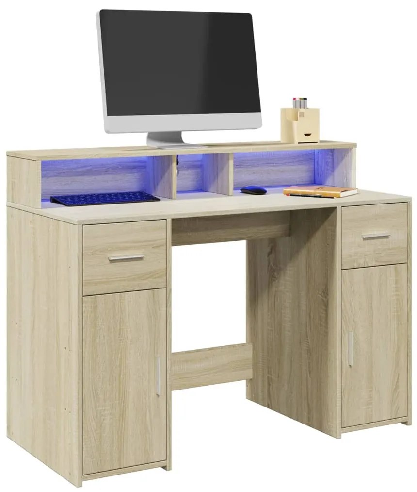 vidaXL Secretária luzes LED 120x55x91cm deriv. madeira carvalho sonoma