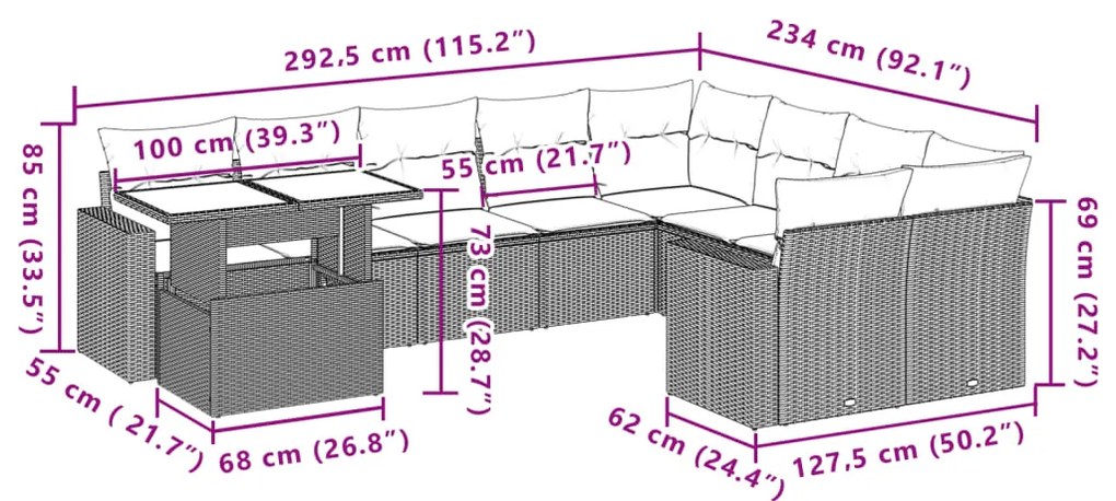 10 pcs conj. sofás jardim com almofadões vime PE cinzento-claro