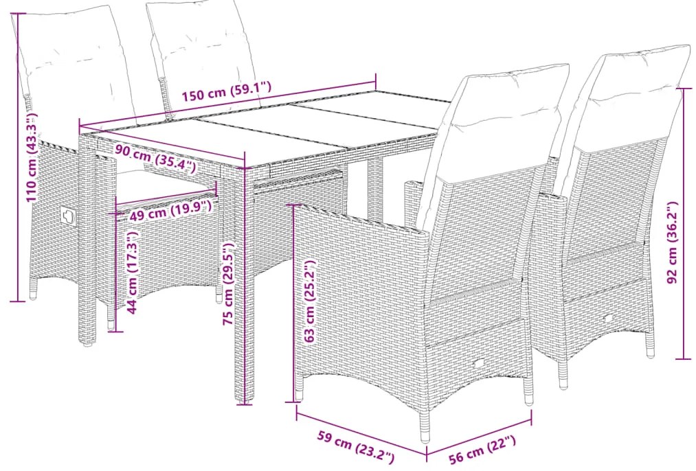 5 pcs conjunto de jantar p/ jardim c/ almofadões vime PE cinza