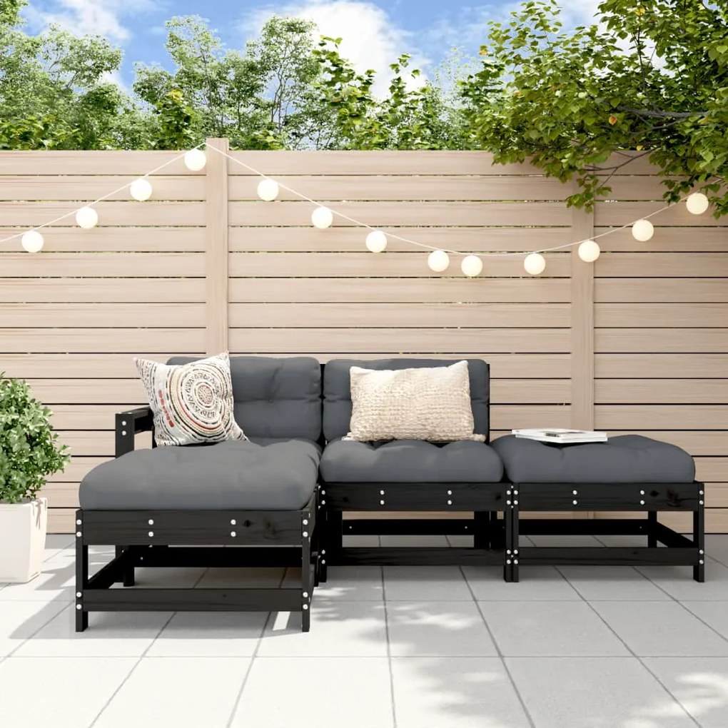 vidaXL 4pcs conjunto lounge jardim c/ almofadões madeira maciça preto