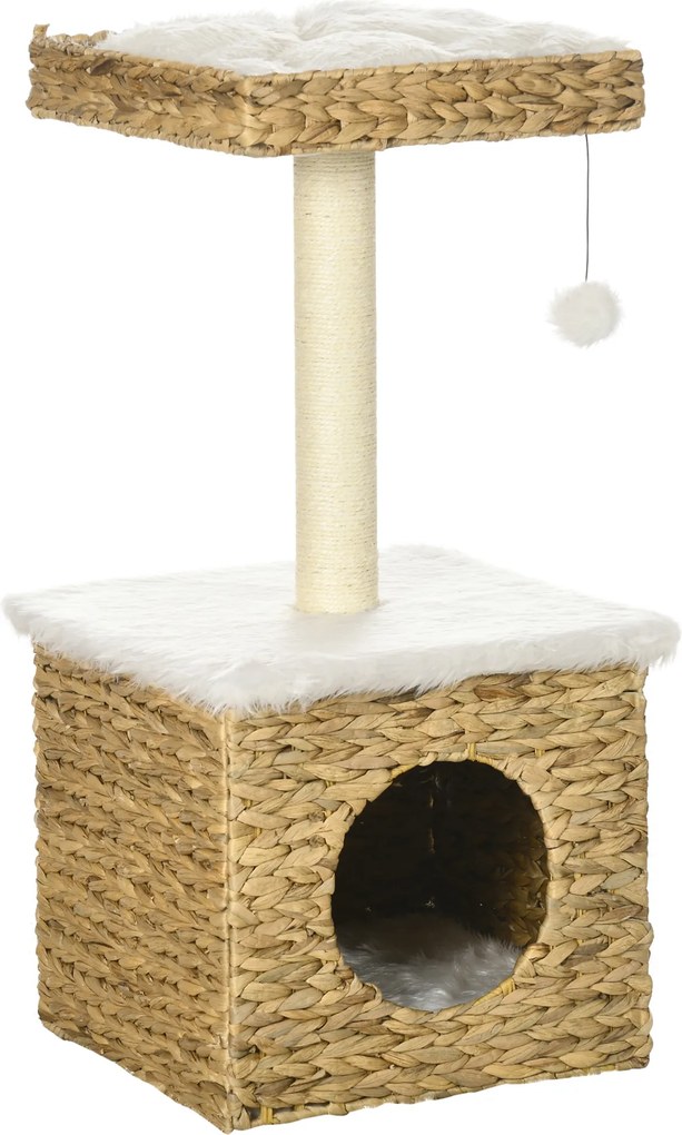 PawHut Árvore para gatos 2 níveis com 1 toca 1 poste em sisal 1 plataforma de observação e 1 pompom suspenso jacinto-de-água | Aosom Portugal