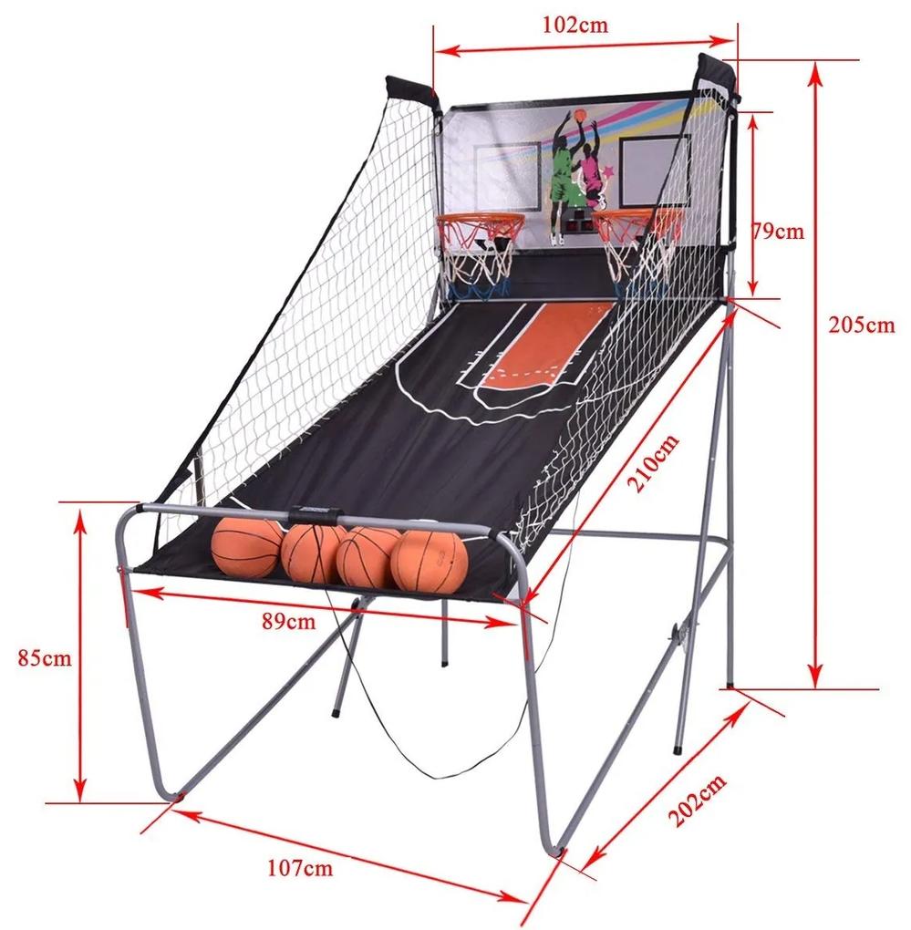 Cesto basquetebol dobrável para jogo de basquetebol, máquina de brinquedo, contador eletrónico com rede de suporte, 202x107x205 cm