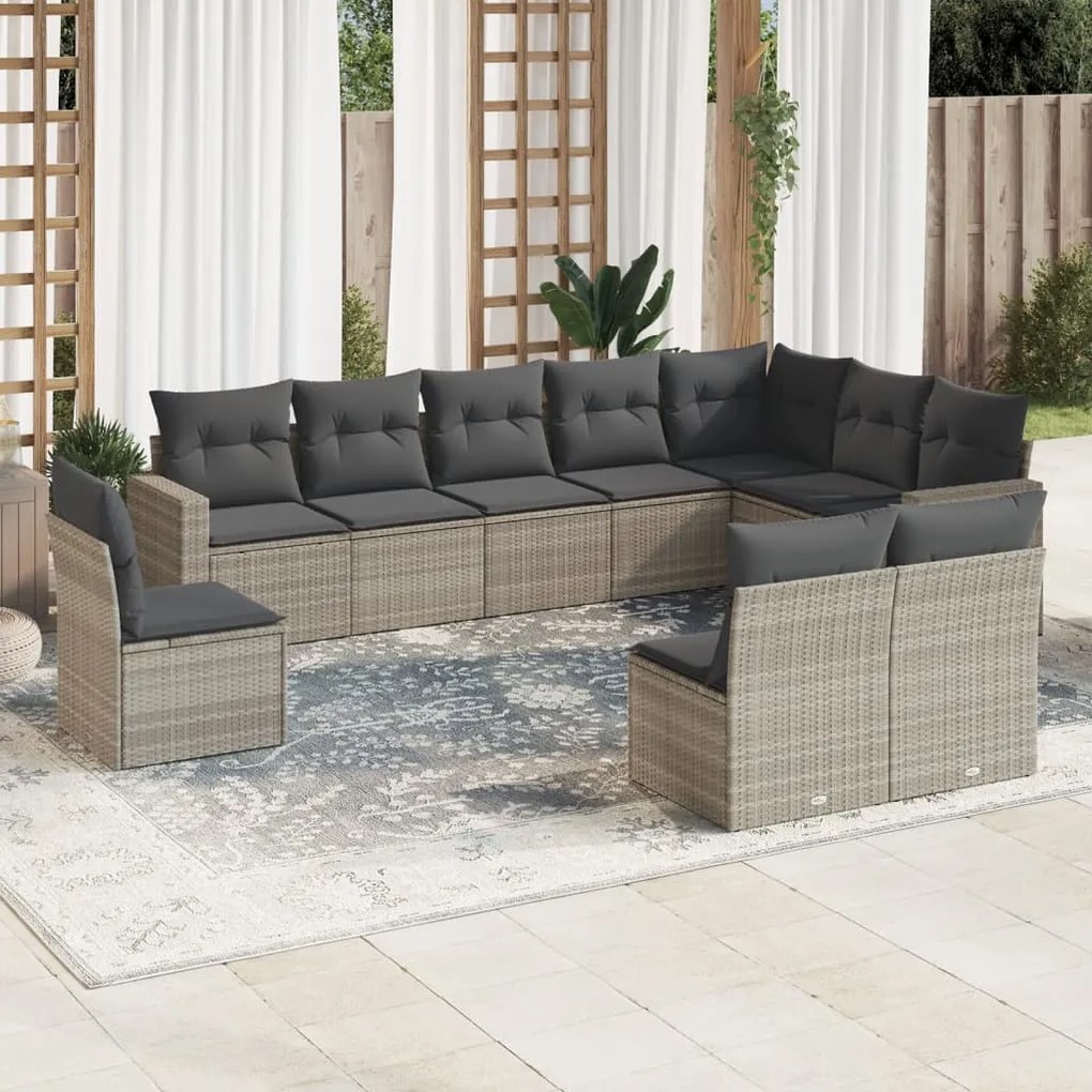 vidaXL 10 pcs conj. sofás jardim com almofadões vime PE cinzento-claro