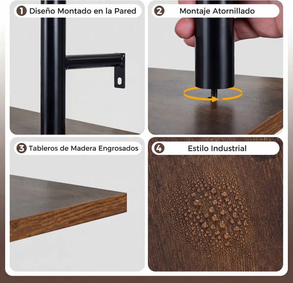 Prateleiras suspensos de parede com luzes 80,5 x 24 x 97 cm, controlo remoto via app, em tubos industriais, 3 níveis, com 4 ganchos em forma de S, Cas