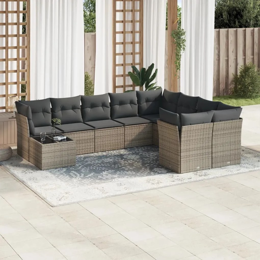 10 pcs conjunto sofás de jardim c/ almofadões vime PE cinzento
