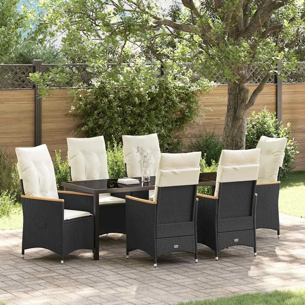 vidaXL Conjunto de Jantar de Jardim com 7 Peças e Almofadas, Preto, Rattan Sintético.
