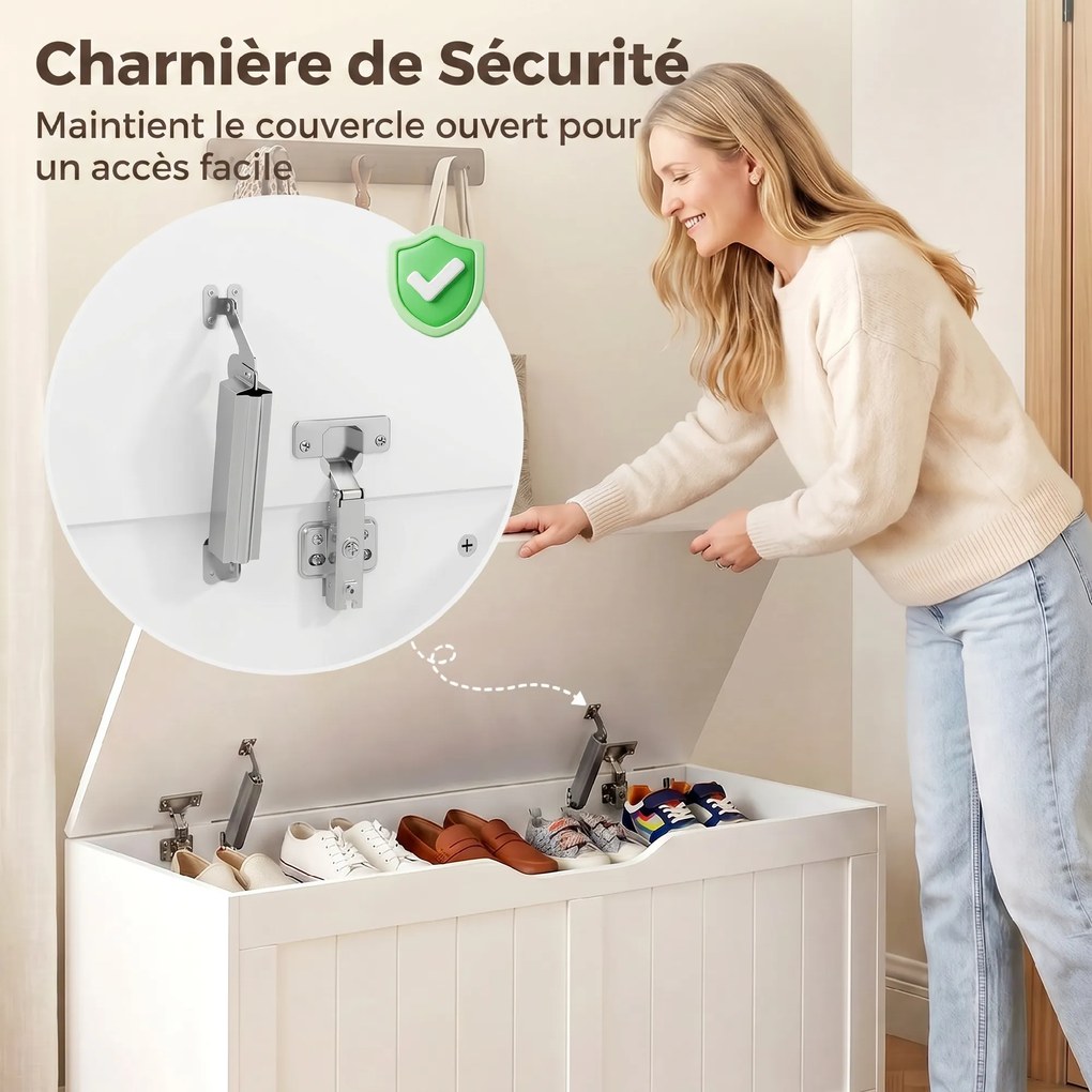 Baú de arrumação de 136 L, 100 x 40 x 45 cm banco com baú com 2 dobradiças de segurança e design sem puxadores, branco