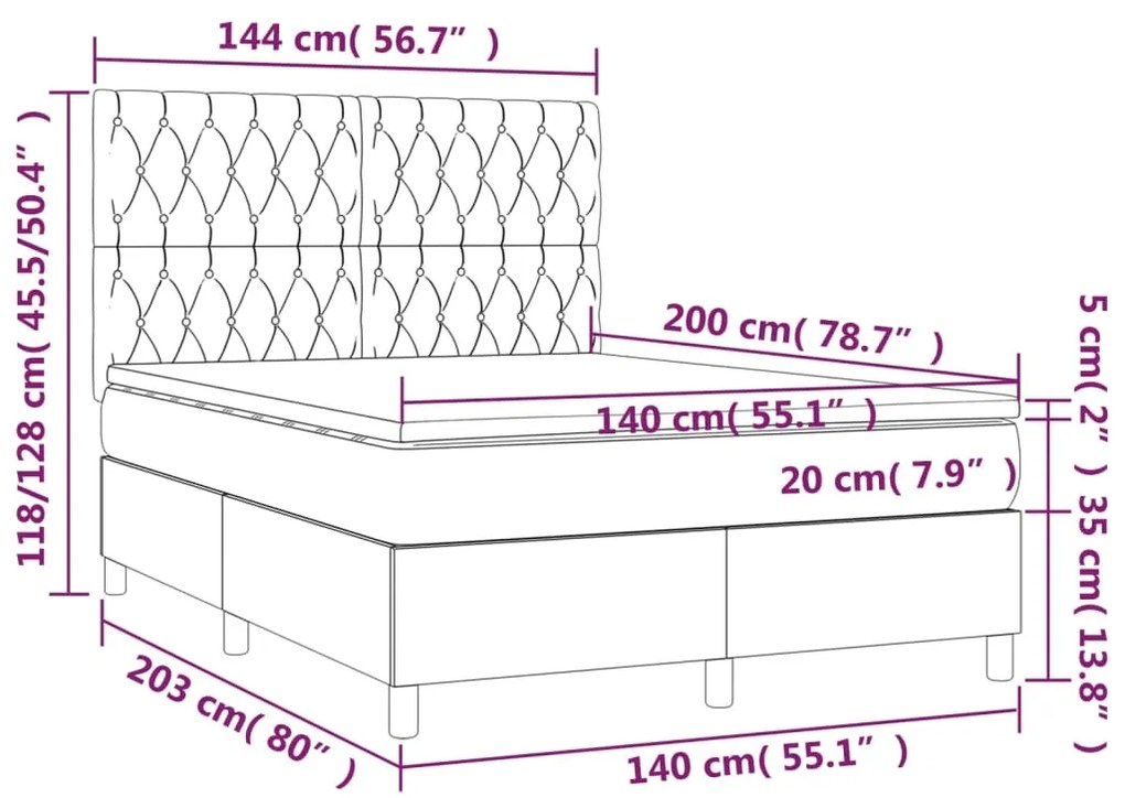 Cama box spring c/ colchão/LED 140x200cm tecido castanho-escuro