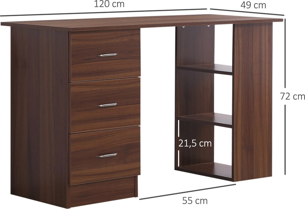 Secretária de computador com 3 gavetas e 3 prateleiras abertas, 120 x 49 x 72 cm, secretária com arrumação reversível, estilo moderno, secretária de c