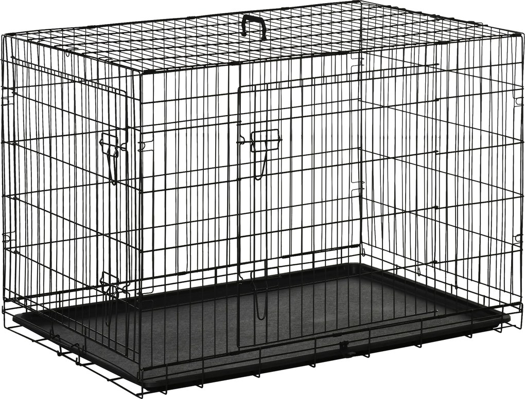 Gaiola para Cães Pequenos Gaiola para Animal de Estimação Dobrável com 2 Portas Alça de Transporte Bandeja Removível Aço 106x71x76cm Preto