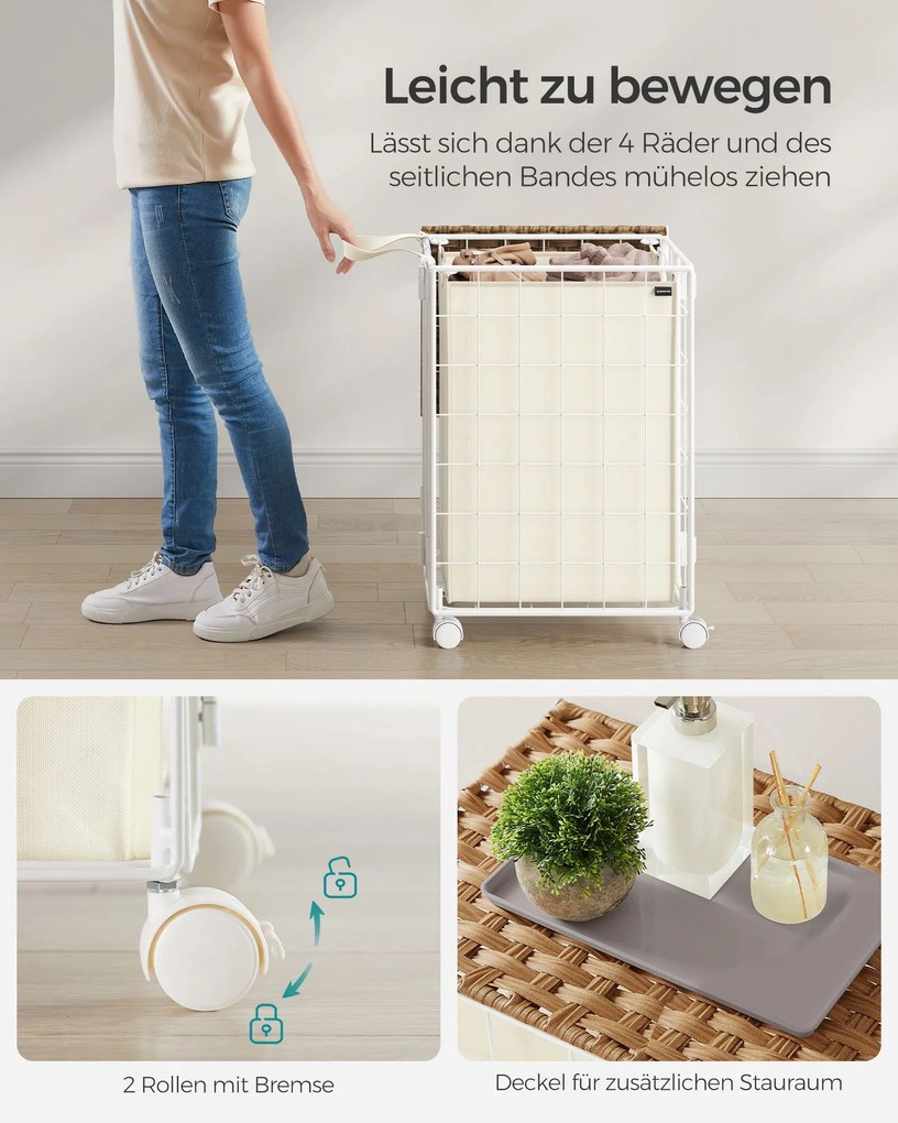 Cesto para roupa suja 46 x 33 x 65 cm com rodas e saco para roupa suja bege natural-branco creme