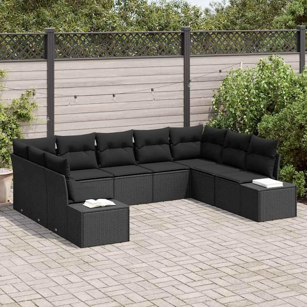 vidaXL Conjunto de Sofá de Jardim com almofada 9 pcs Preto vime PE