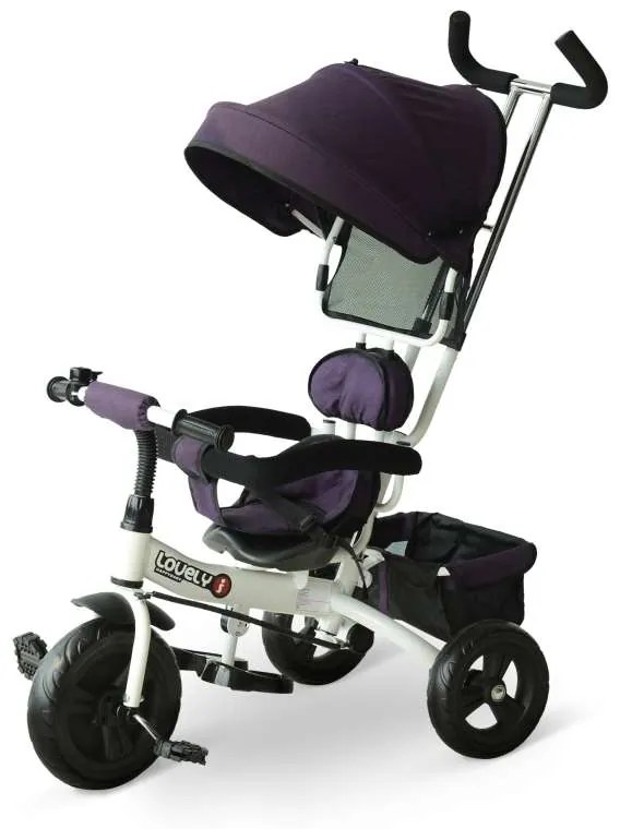 HOMCOM Triciclo para Crianças com Capota de Ferro, Plástico e Tela Cor Roxo e Branco 92x51x110 cm